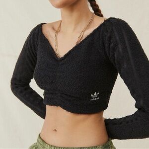 Adidas Originals Fluffy Knit Ruched Crop Top Off Shoulder Black Sz small Women’s